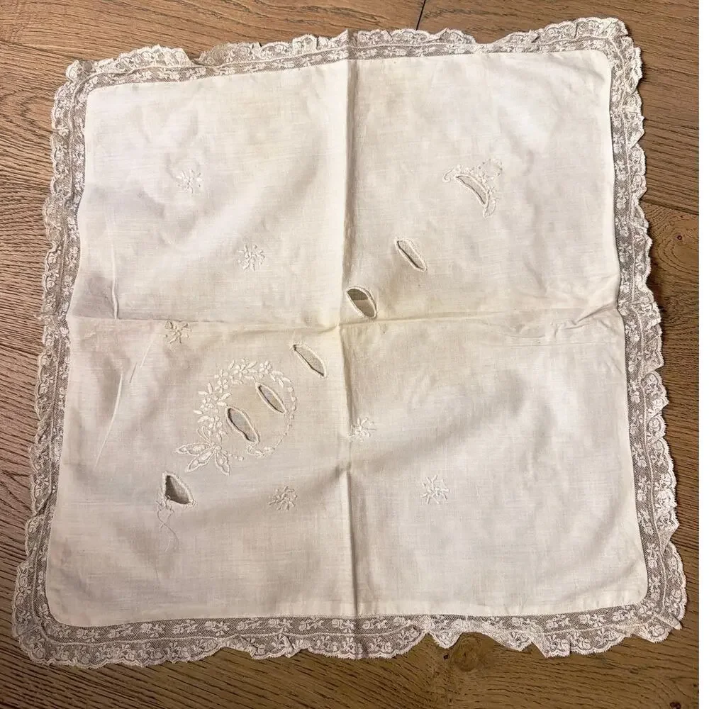 Antique Handmade White Linen Eyelet Cutouts Pillow Sham Cover Lace Border